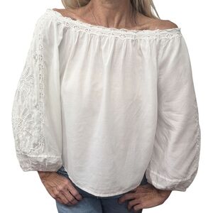 Leifsdottir Embroidered Boho Peasant Blouse XS White Off Shoulder Cottagecore